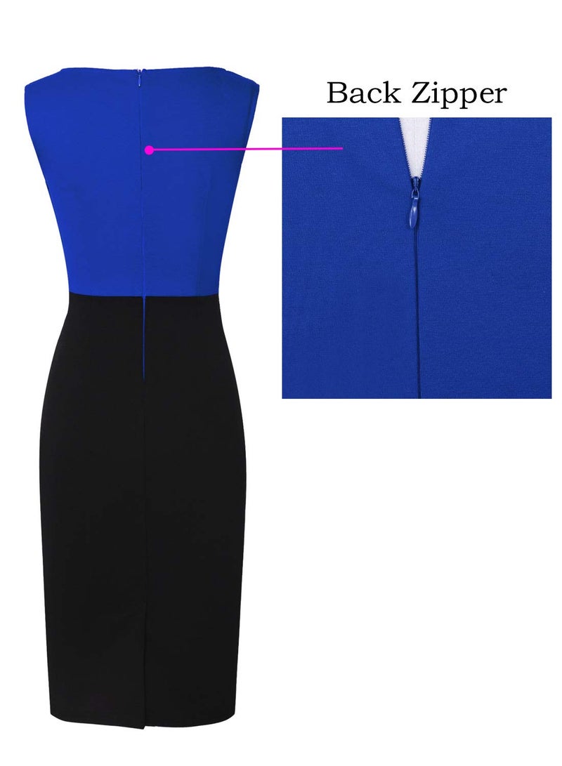 VFSHOW Womens Royal Blue and Black Colorblock Patchwork Slim Zipper Up Wear to Work Business Office Cocktail Party Professional Pencil Sheath Dress 6192 BLU M - Image 4